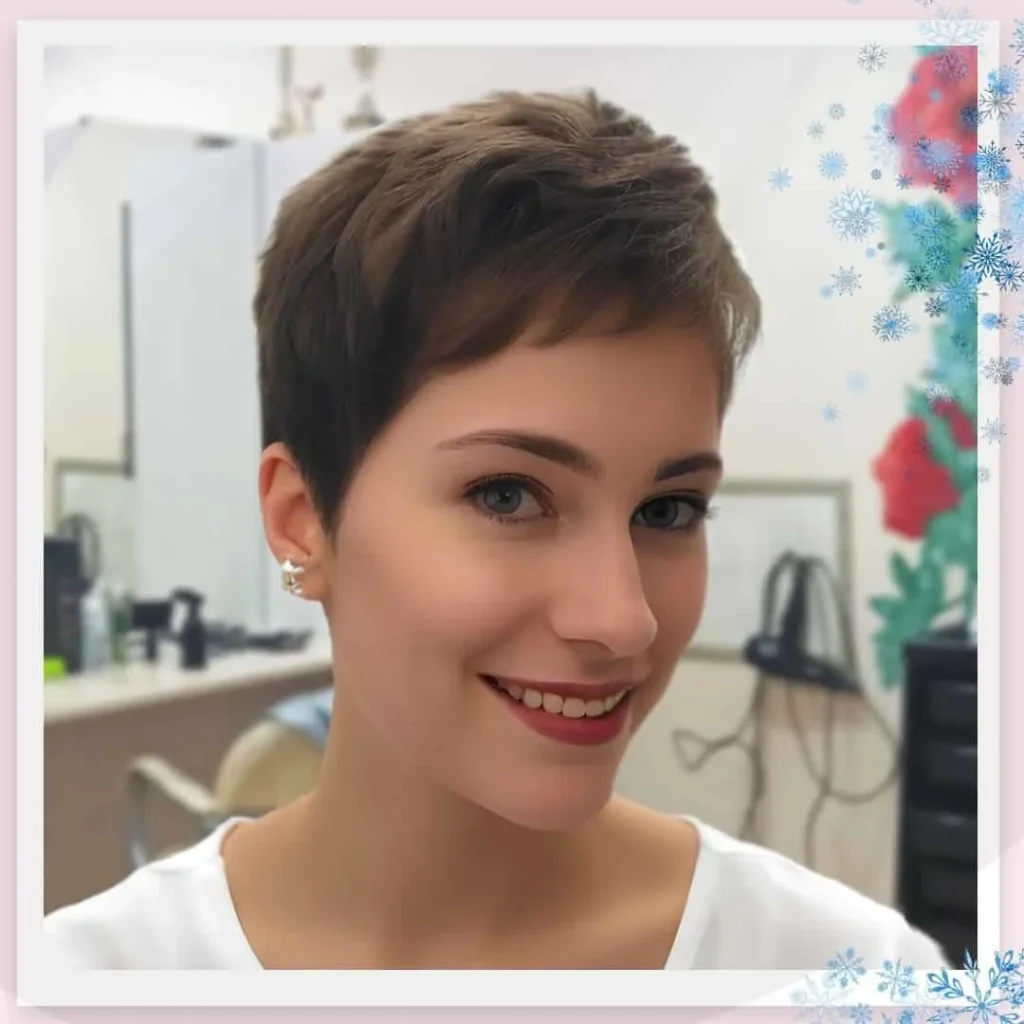 Brünetter, pflegeleichter Pixie-Cut für dünnes Haar