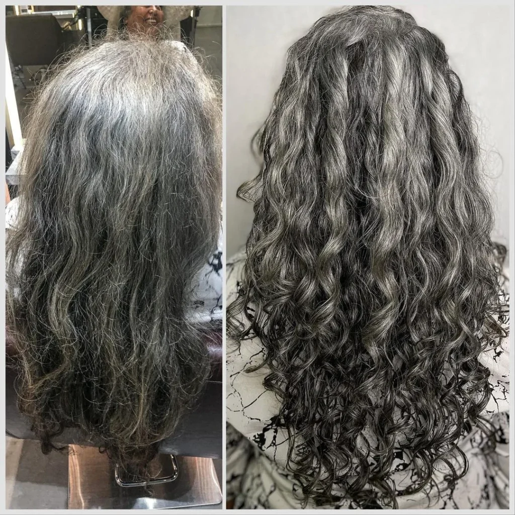 Lange schwarze Locken mit grauen und silbernen Tönen