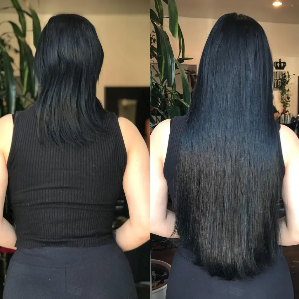 Die Transformation mit langen schwarzen Haarverlängerungen