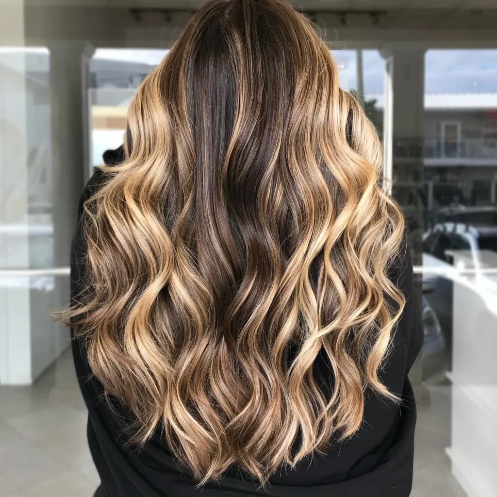 Glänzend goldblondes Balayage auf dunkelbraunem Haar