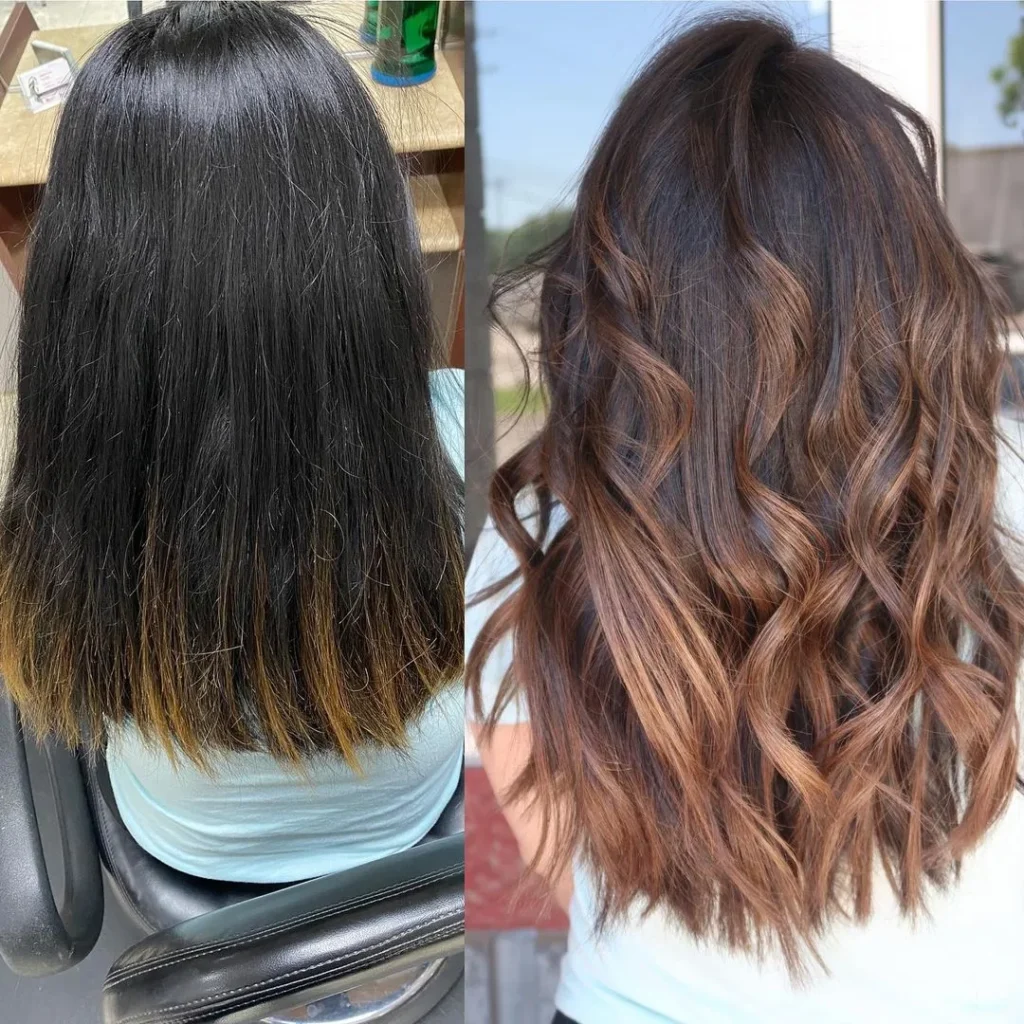 Schwarzes Haar mit Highlights Transformation