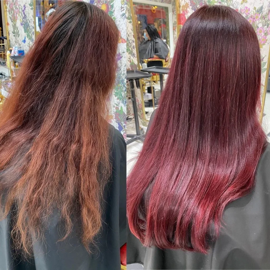 Transformation mit Kirschroter- und Maroon-Haarfarbe