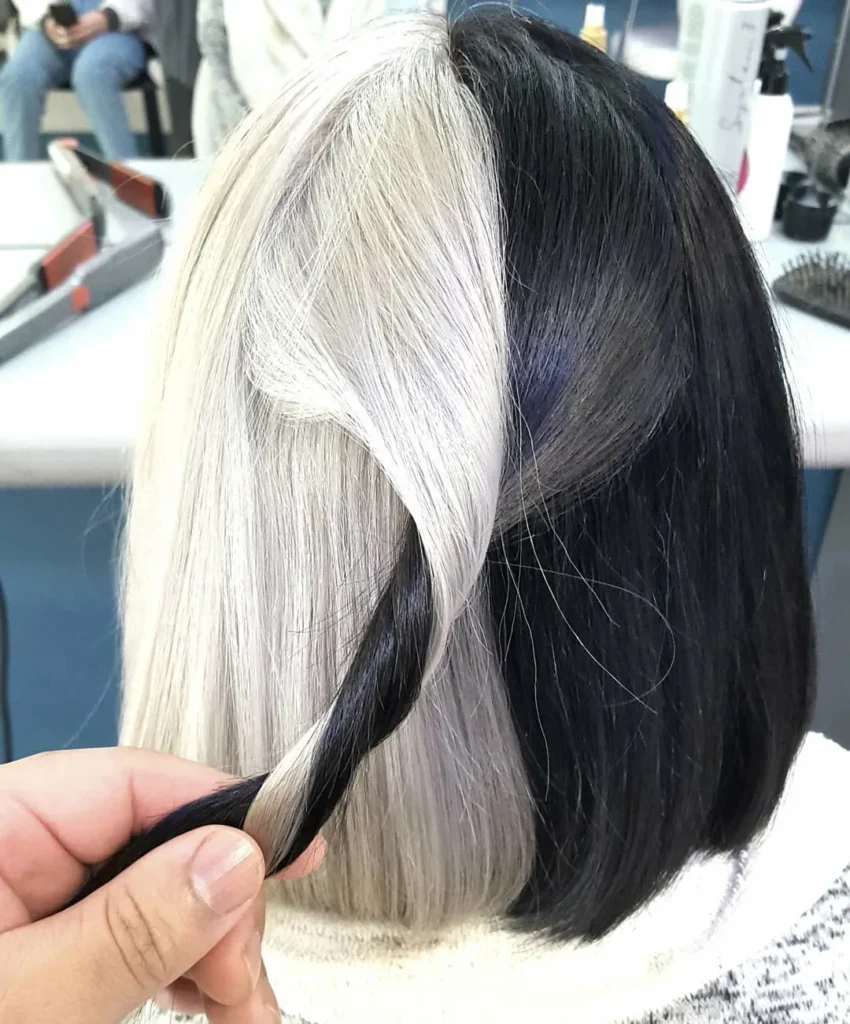  Schwarzer Und Weißer Split Dye Auf Bob-Schnitt