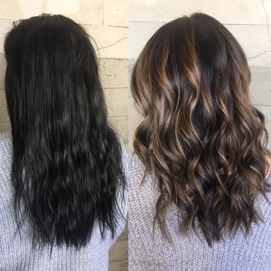 Schwarzes Haar Mit Fertigfarbe Gefärbt Verwandelt Sich In Dimensionales Balayage